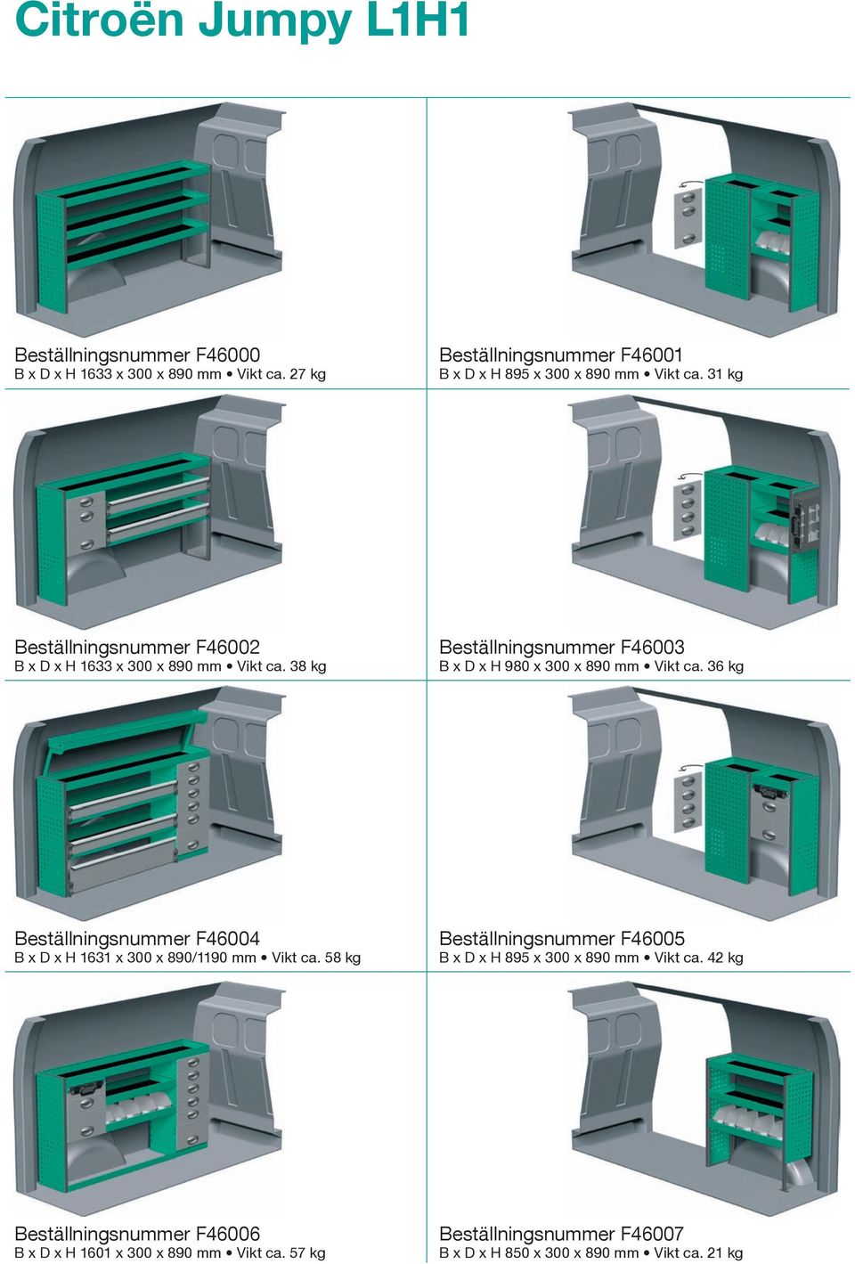 38 kg Beställningsnummer F46003 B x D x H 980 x 300 x 890 mm Vikt ca. 36 kg Beställningsnummer F46004 B x D x H 1631 x 300 x 890/1190 mm Vikt ca.