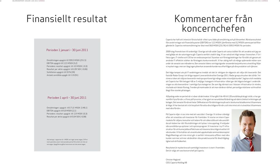 SEK (-0,06) Soliditeten uppgick till 33 % (39) Antalet anställda uppgår till 119 (91) Caperio har haft ett intensivt första halvår vilket syns både på omsättning och på lönsamhet.