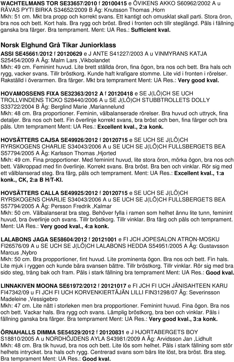 : Sufficient kval. Norsk Elghund Grå Tikar Juniorklass ASSI SE45661/2012 f 20120629 e J ANTE S41227/2003 A u VINMYRANS KATJA S25454/2009 A Äg: Malm Lars,Vikbolandet Mkh: 49 cm. Feminint huvud.