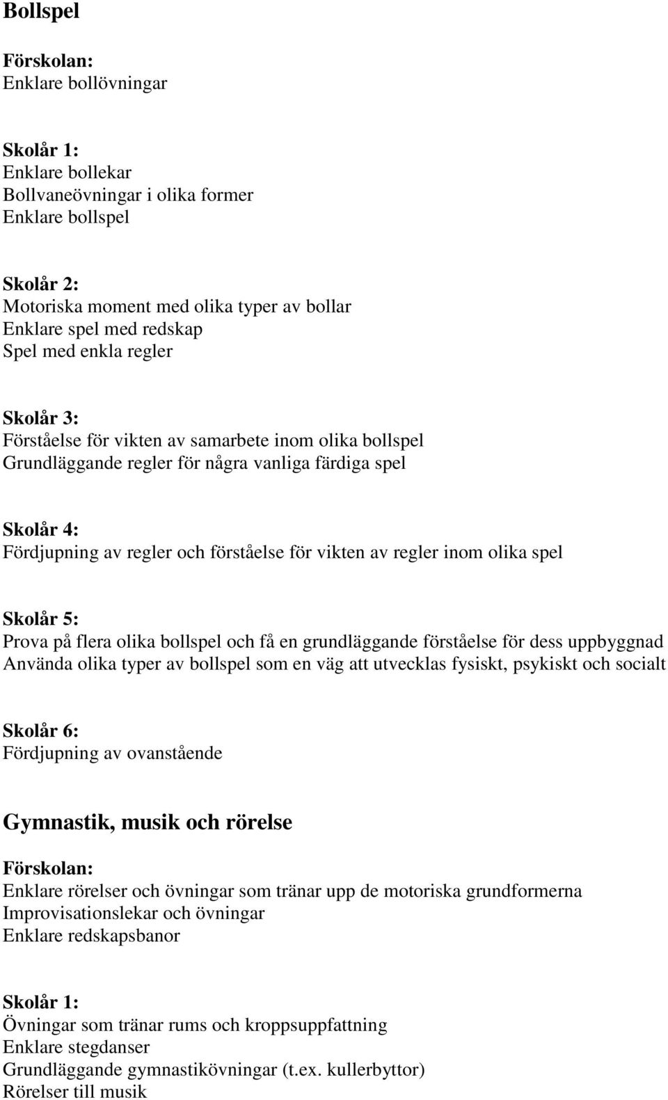 och få en grundläggande förståelse för dess uppbyggnad Använda olika typer av bollspel som en väg att utvecklas fysiskt, psykiskt och socialt Gymnastik, musik och rörelse Enklare rörelser och