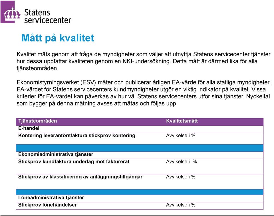 EA-värdet för Statens servicecenters kundmyndigheter utgör en viktig indikator på kvalitet. Vissa kriterier för EA-värdet kan påverkas av hur väl Statens servicecenters utför sina tjänster.