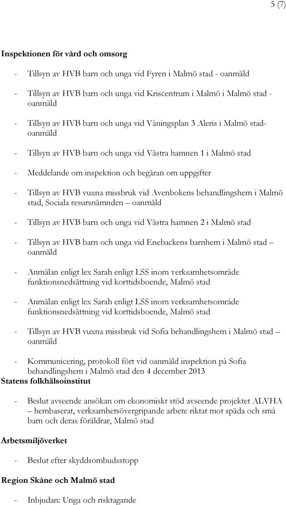 missbruk vid Avenbokens behandlingshem i Malmö stad, Sociala resursnämnden oanmäld - Tillsyn av HVB barn och unga vid Västra hamnen 2 i Malmö stad - Tillsyn av HVB barn och unga vid Enebackens