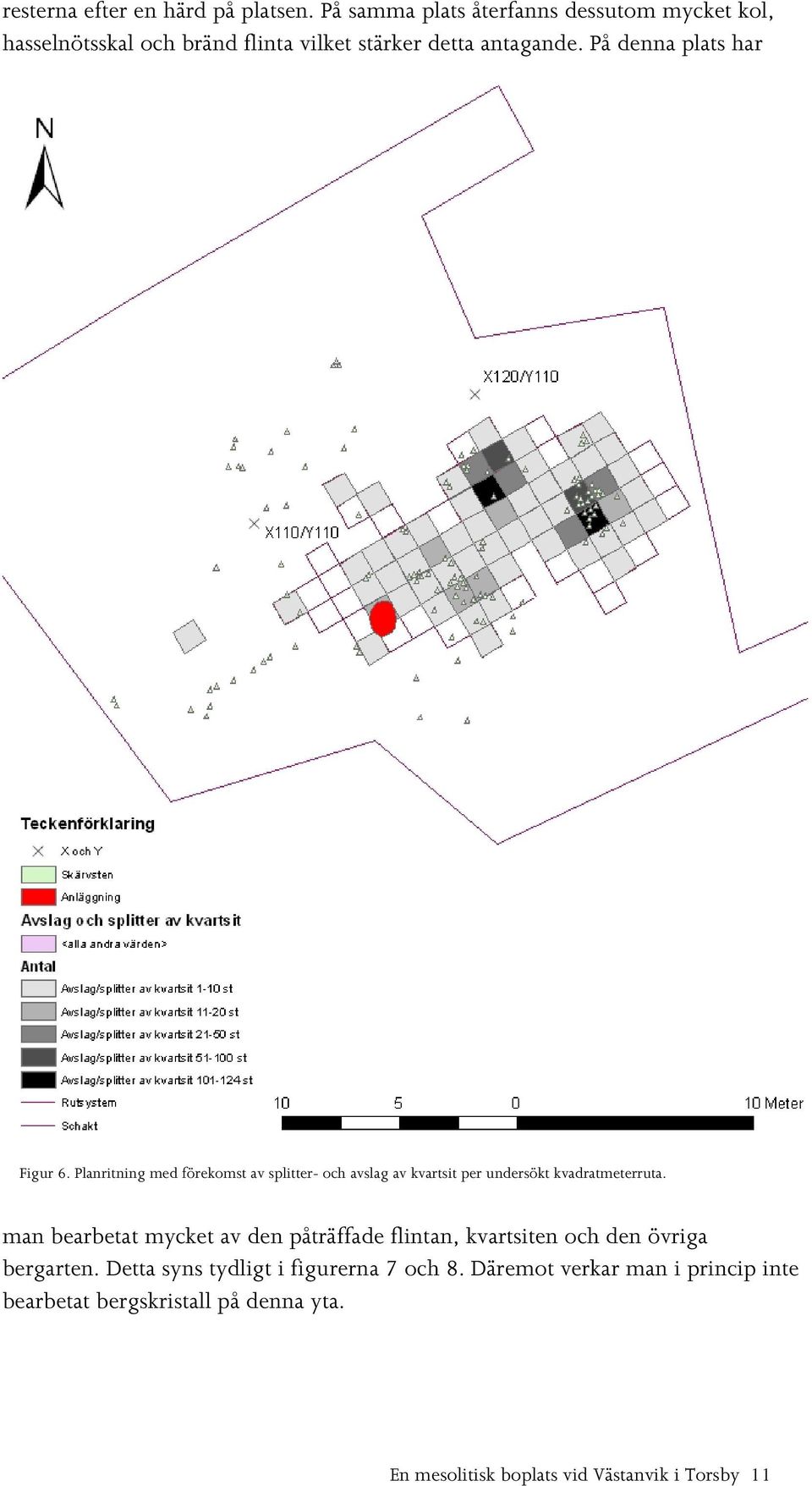 På denna plats har Figur 6. Planritning med förekomst av splitter- och avslag av kvartsit per undersökt kvadratmeterruta.