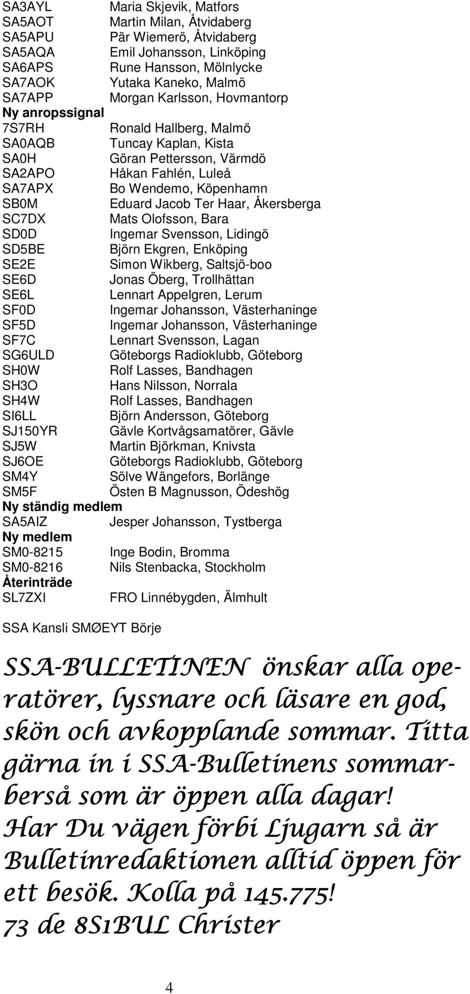 Ter Haar, Åkersberga SC7DX Mats Olofsson, Bara SD0D Ingemar Svensson, Lidingö SD5BE Björn Ekgren, Enköping SE2E Simon Wikberg, Saltsjö-boo SE6D Jonas Öberg, Trollhättan SE6L Lennart Appelgren, Lerum