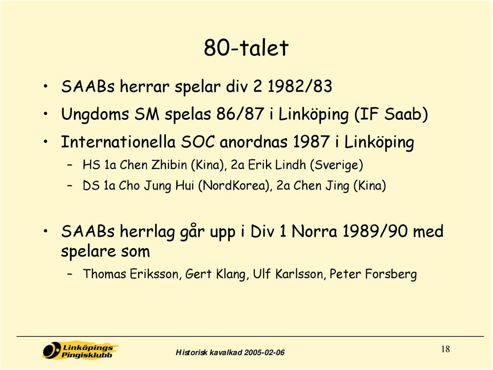 DS 1a Cho Jung Hui (NordKorea), 2a Chen Jing (Kina) SAABs herrlag går upp i Div 1 Norra 1989/90