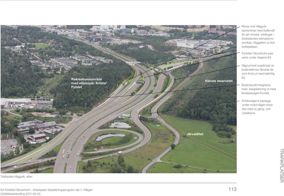 Knista/ Fyndet Hansta reservatet Vägrummet avgränsas av bullerskärmar liknade de som finns ut med befintlig E4.
