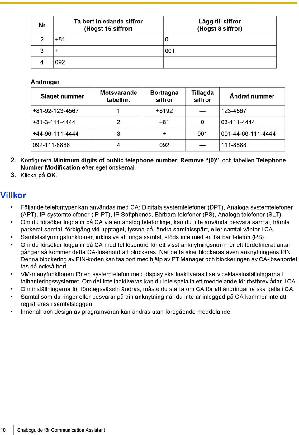 Konfigurera Minimum digits of public telephone number, Remove (0), och tabellen Telephone Number Modification efter eget önskemål. 3. Klicka på OK.