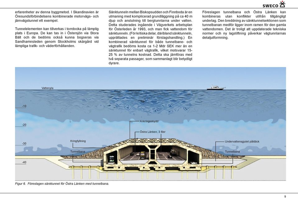 Sänktunneln mellan Biskopsudden och Finnboda är en utmaning med komplicerad grundläggning på ca 40 m djup och anslutning till bergtunnlarna under vatten.