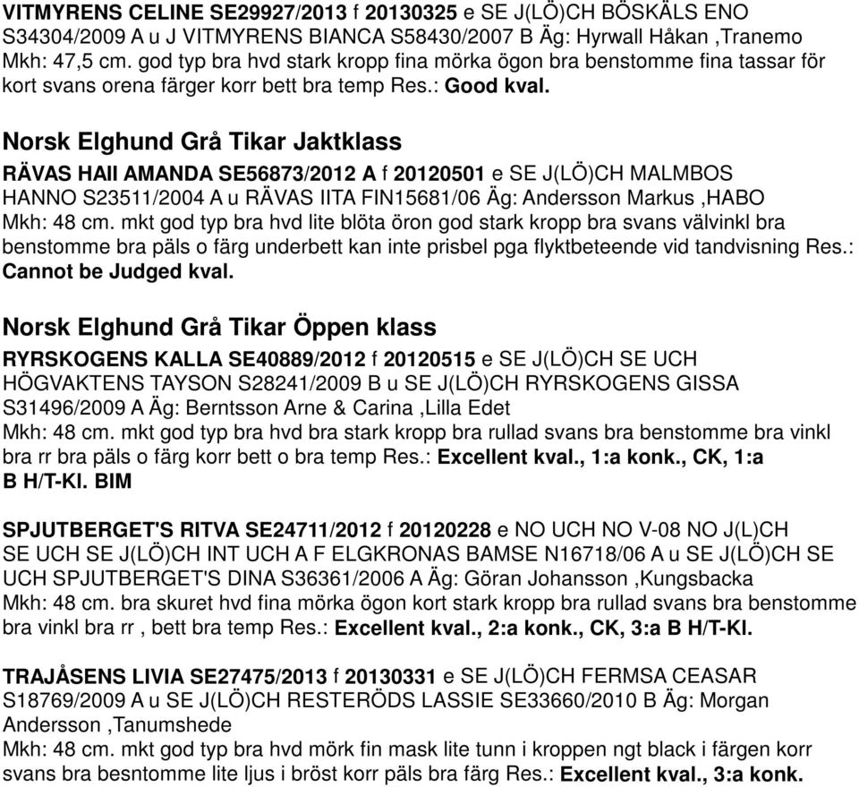 Norsk Elghund Grå Tikar Jaktklass RÄVAS HAII AMANDA SE56873/2012 A f 20120501 e SE J(LÖ)CH MALMBOS HANNO S23511/2004 A u RÄVAS IITA FIN15681/06 Äg: Andersson Markus,HABO Mkh: 48 cm.