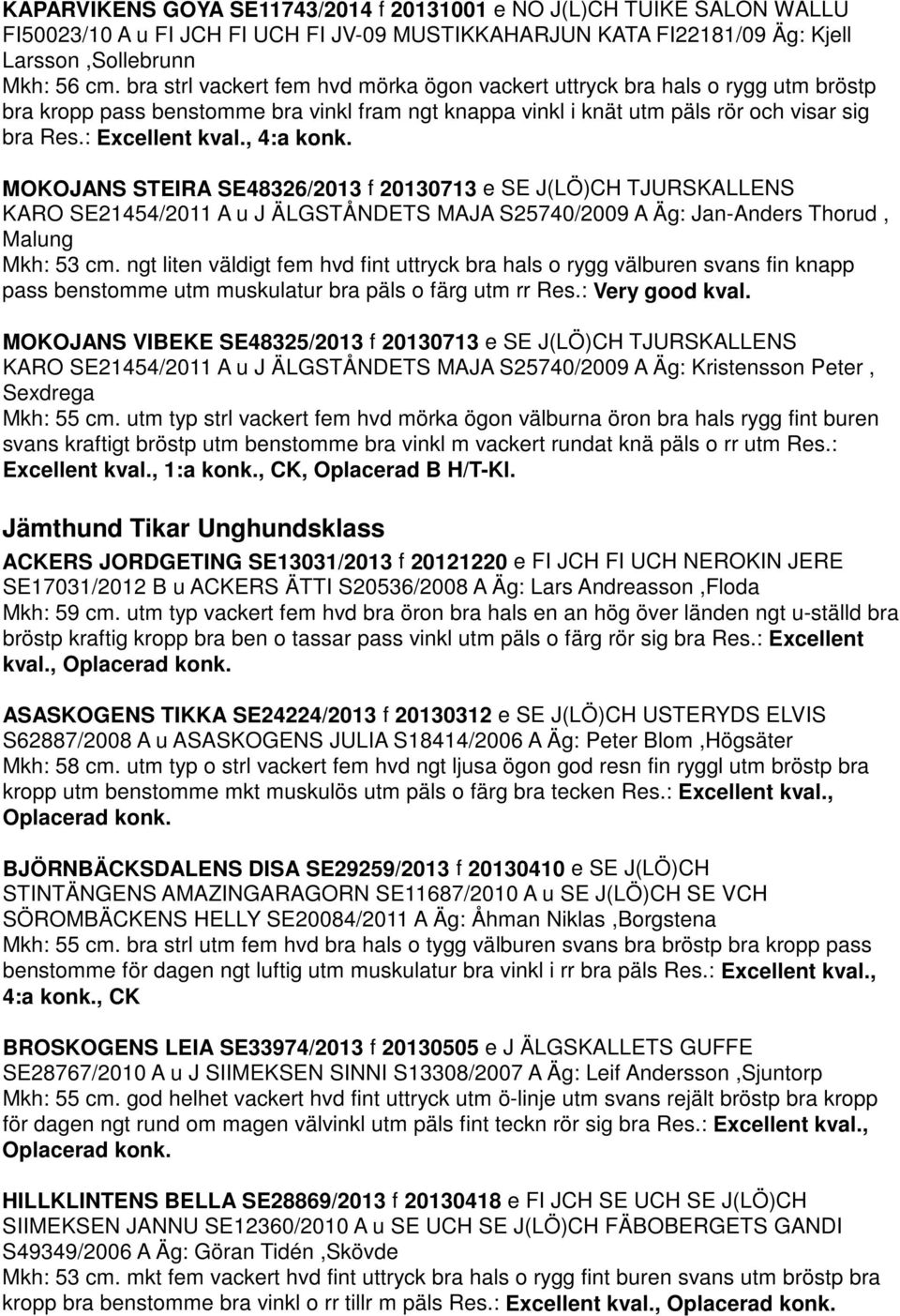 , 4:a konk. MOKOJANS STEIRA SE48326/2013 f 20130713 e SE J(LÖ)CH TJURSKALLENS KARO SE21454/2011 A u J ÄLGSTÅNDETS MAJA S25740/2009 A Äg: Jan-Anders Thorud, Malung Mkh: 53 cm.