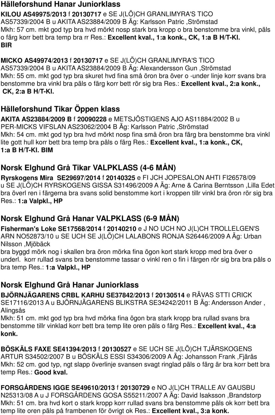 BIR MICKO AS49974/2013 f 20130717 e SE J(LÖ)CH GRANLIMYRA'S TICO AS57339/2004 B u AKITA AS23884/2009 B Äg: Alexandersson Gun,Strömstad Mkh: 55 cm.