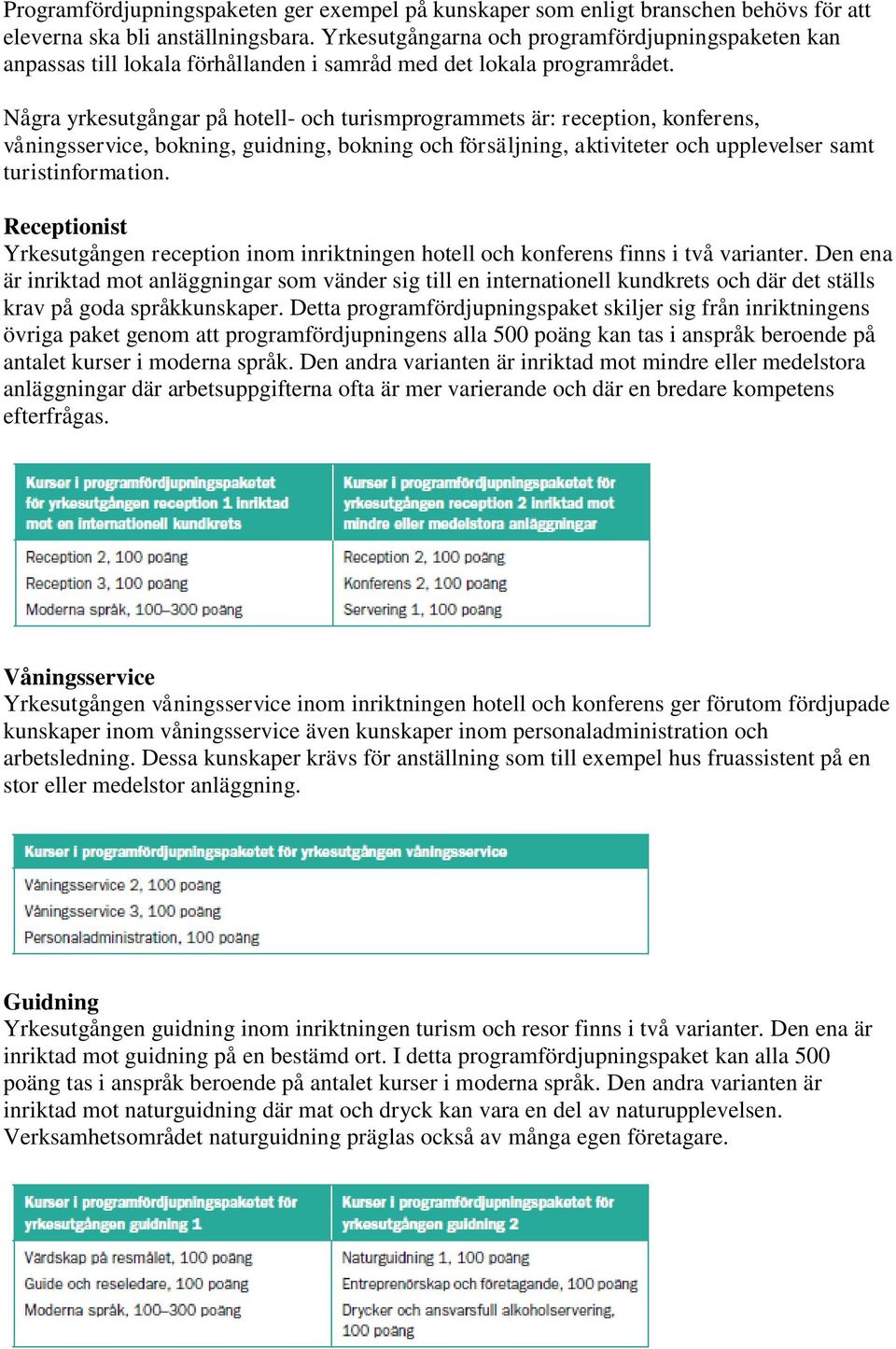 Några yrkesutgångar på hotell- och turismprogrammets är: reception, konferens, våningsservice, bokning, guidning, bokning och försäljning, aktiviteter och upplevelser samt turistinformation.