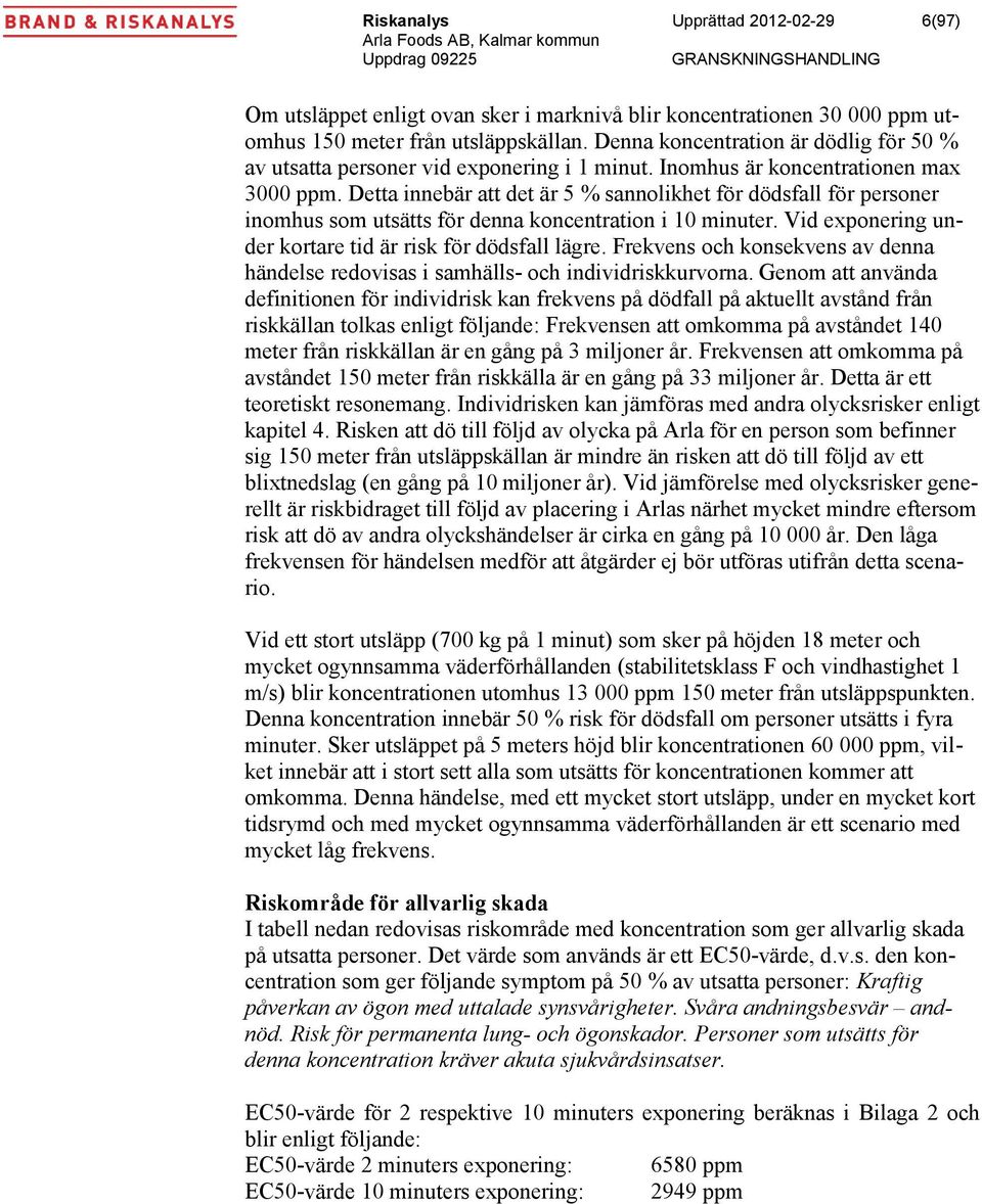 Detta innebär att det är 5 % sannolikhet för dödsfall för personer inomhus som utsätts för denna koncentration i 10 minuter. Vid exponering under kortare tid är risk för dödsfall lägre.