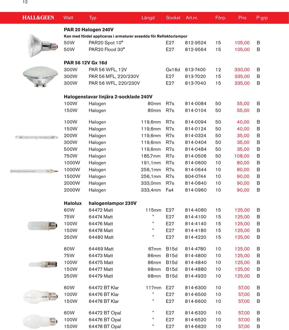 16d 300W PAR 56 WFL, 12V Gx16d 813-7400 12 330,00 B 300W PAR 56 MFL, 220/230V E27 813-7020 15 335,00 B 300W PAR 56 WFL, 220/230V E27 813-7040 15 335,00 B Halogenstavar linjära 2-socklade 240V 100W