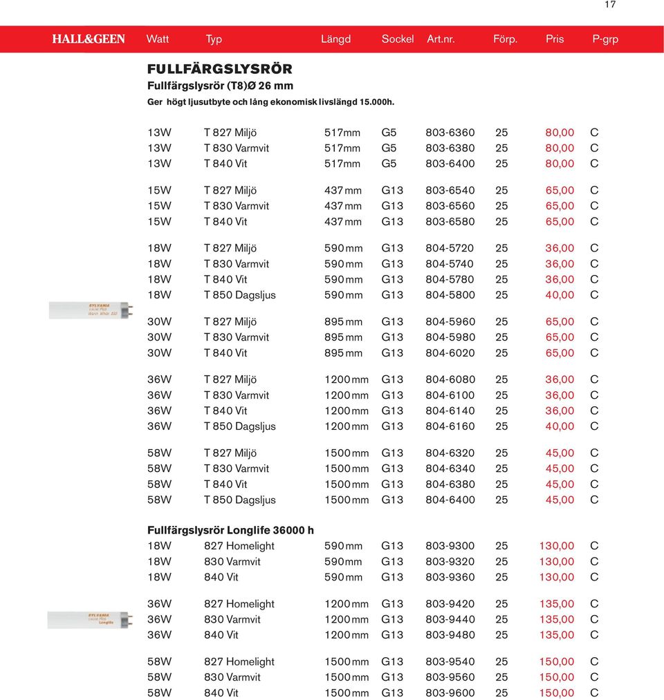 437 mm G13 803-6560 25 65,00 C 15W T 840 Vit 437 mm G13 803-6580 25 65,00 C 18W T 827 Miljö 590 mm G13 804-5720 25 36,00 C 18W T 830 Varmvit 590 mm G13 804-5740 25 36,00 C 18W T 840 Vit 590 mm G13