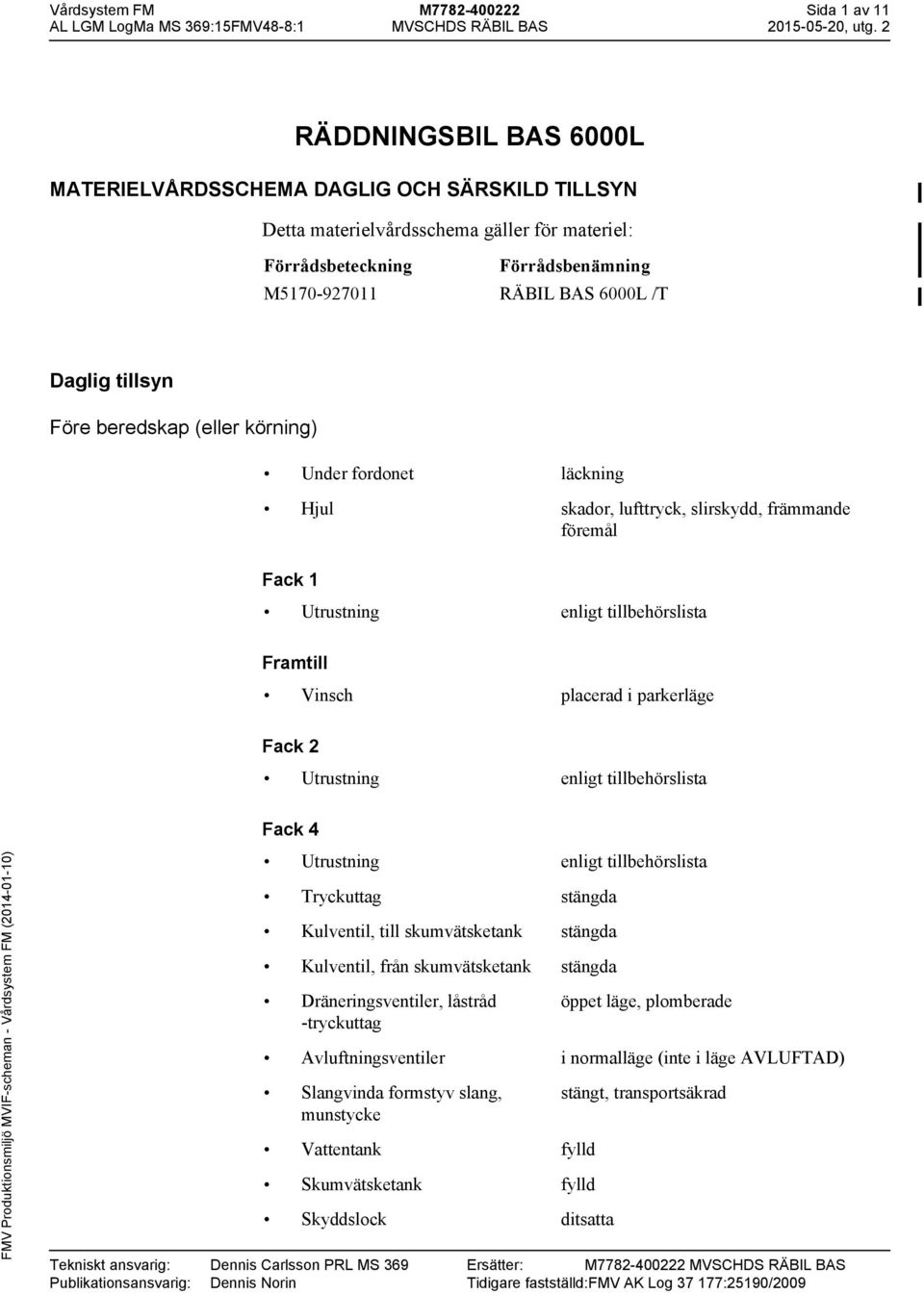 Fack 2 Fack 4 Tekniskt ansvarig: Dennis Carlsson PRL MS 369 Publikationsansvarig: Dennis Norin Tryckuttag stängda Kulventil, till skumvätsketank stängda Kulventil, från skumvätsketank stängda