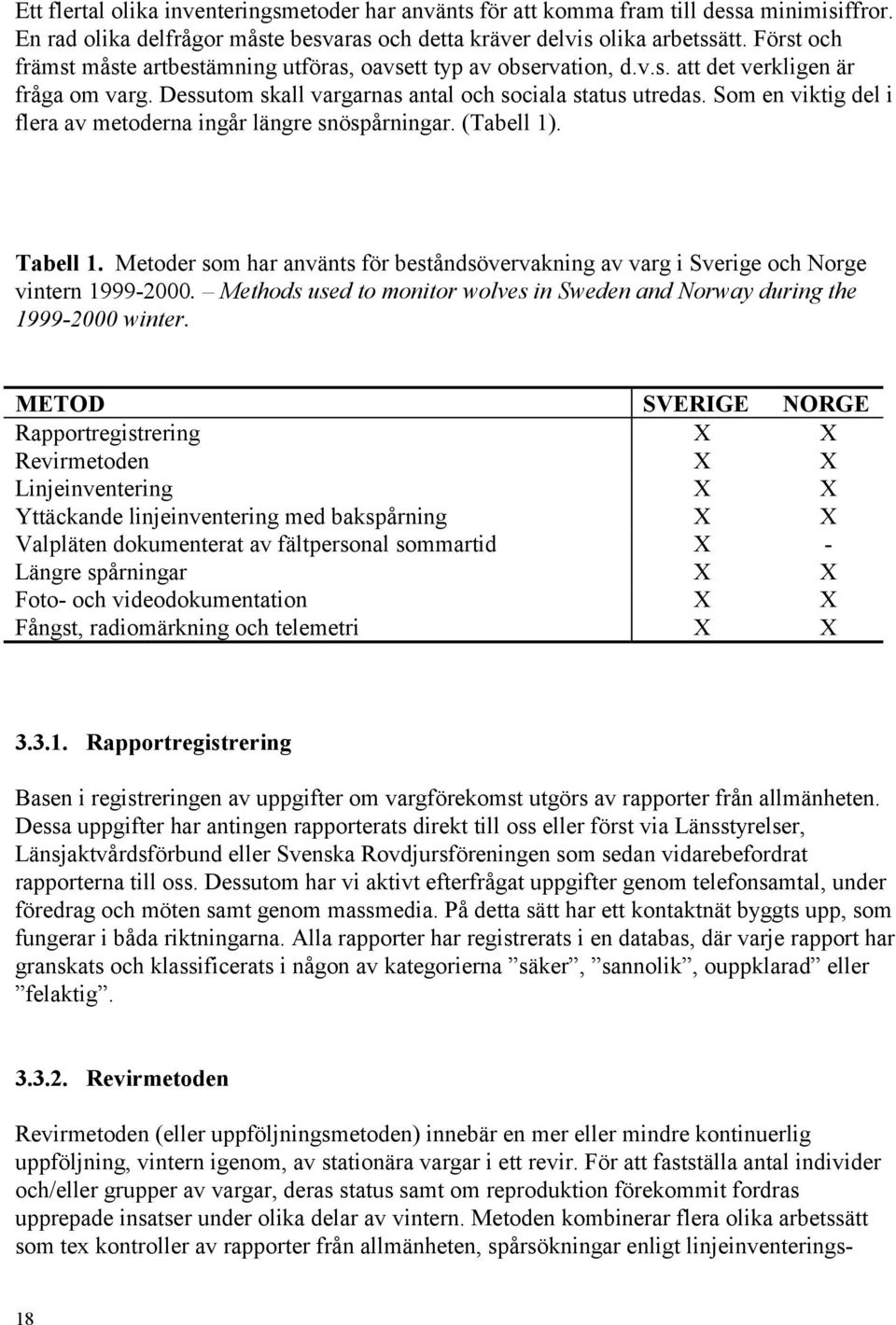 Som en viktig del i flera av metoderna ingår längre snöspårningar. (Tabell 1). Tabell 1. Metoder som har använts för beståndsövervakning av varg i Sverige och Norge vintern 1999-2000.