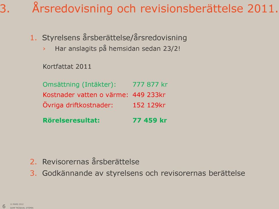 Kortfattat 2011 Omsättning (Intäkter): 777 877 kr Kostnader vatten o värme: 449 233kr