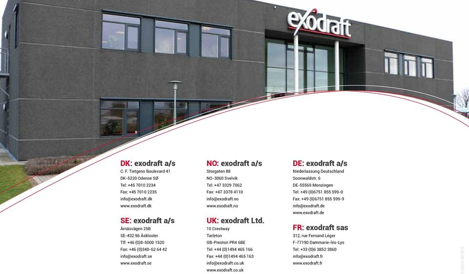 exodraft.no info@exodraft.de SE: exodraft a/s Årnäsvägen 25B UK: exodraft Ltd. 10 Crestway www.exodraft.de FR: exodraft sas SE-432 96 Åskloster Tarleton 312, rue Fernand Léger Tlf: +46 (0)8-5000 1520 GB-Preston PR4 6BE F-77190 Dammarie-les-Lys Fax: +46 (0)340-62 64 42 info@exodraft.