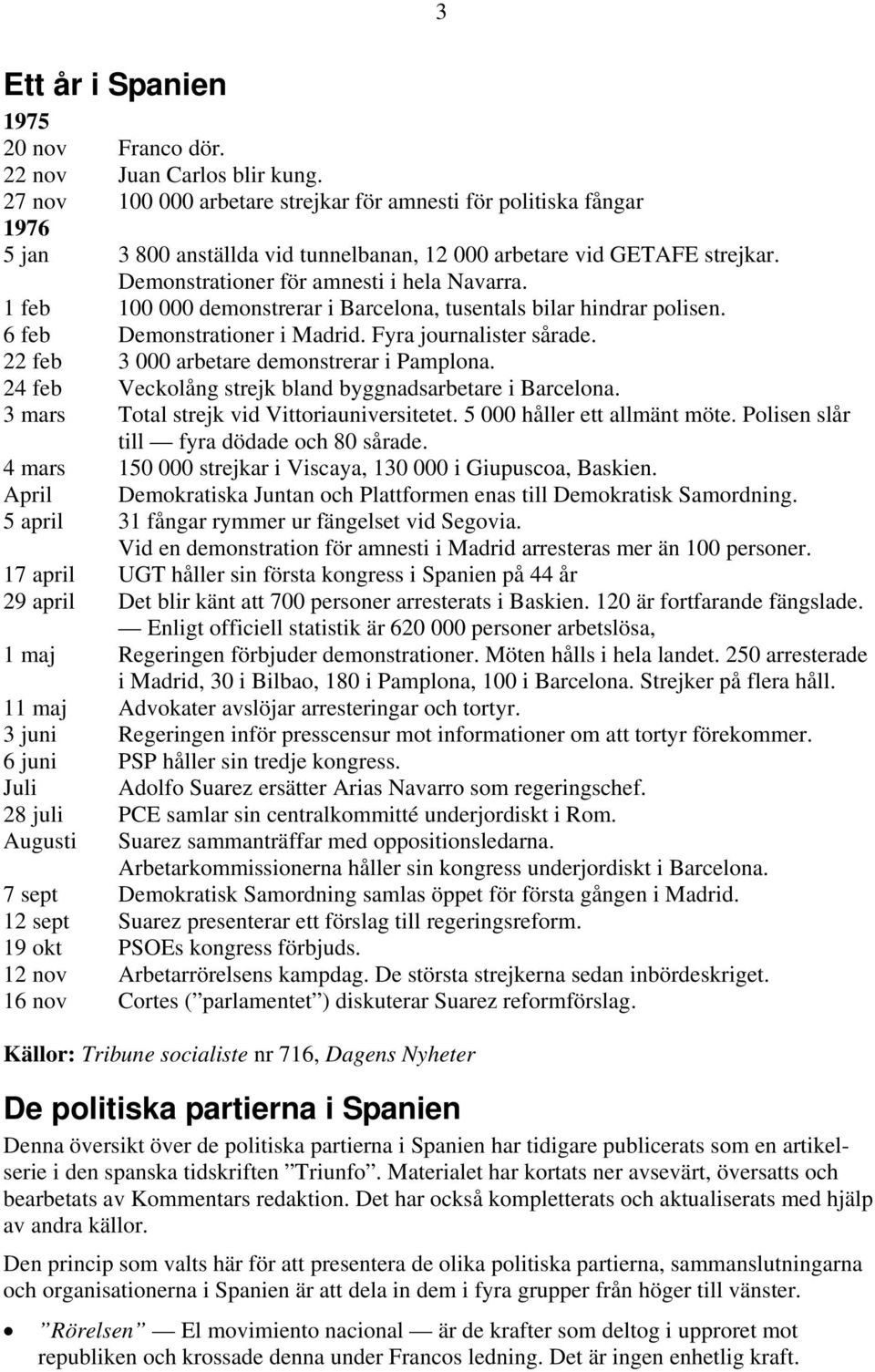 1 feb 100 000 demonstrerar i Barcelona, tusentals bilar hindrar polisen. 6 feb Demonstrationer i Madrid. Fyra journalister sårade. 22 feb 3 000 arbetare demonstrerar i Pamplona.