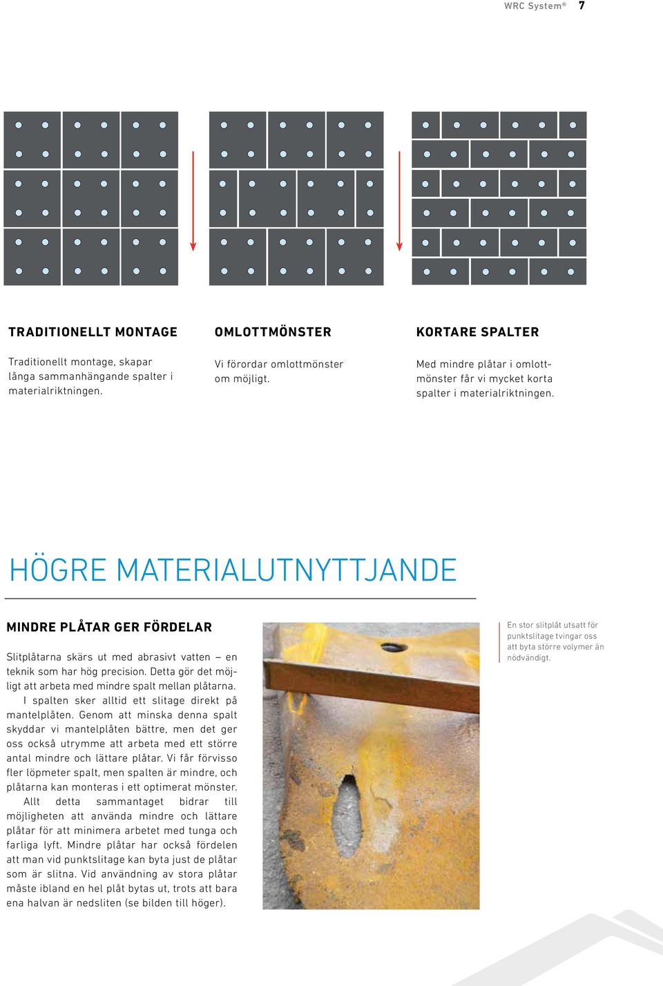 HÖGRE MATERIALUTNYTTJANDE MINDRE PLÅTAR GER FÖRDELAR Slitplåtarna skärs ut med abrasivt vatten en teknik som har hög precision. Detta gör det möjligt att arbeta med mindre spalt mellan plåtarna.