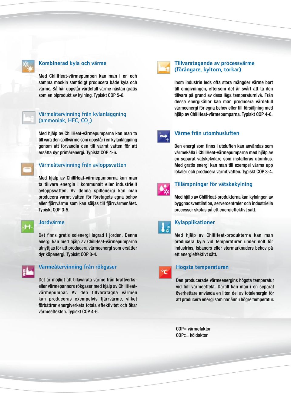Värmeåtervinning från kylanläggning (ammoniak, HFC, CO 2 ) Med hjälp av ChillHeat-värmepumparna kan man ta till vara den spillvärme som uppstår i en kylanläggning genom att förvandla den till varmt