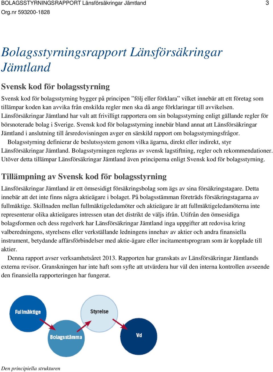 Länsförsäkringar Jämtland har valt att frivilligt rapportera om sin bolagsstyrning enligt gällande regler för börsnoterade bolag i Sverige.