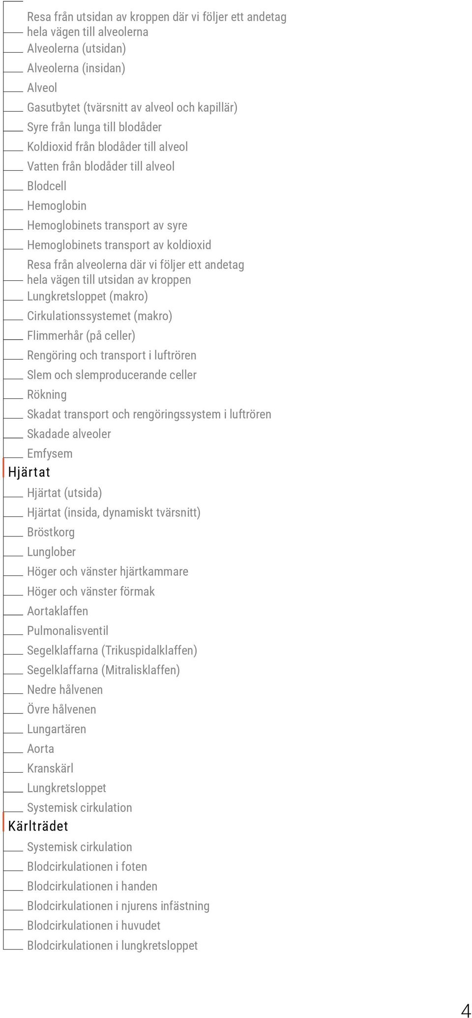 följer ett andetag hela vägen till utsidan av kroppen Lungkretsloppet (makro) Cirkulationssystemet (makro) Flimmerhår (på celler) Rengöring och transport i luftrören Slem och slemproducerande celler