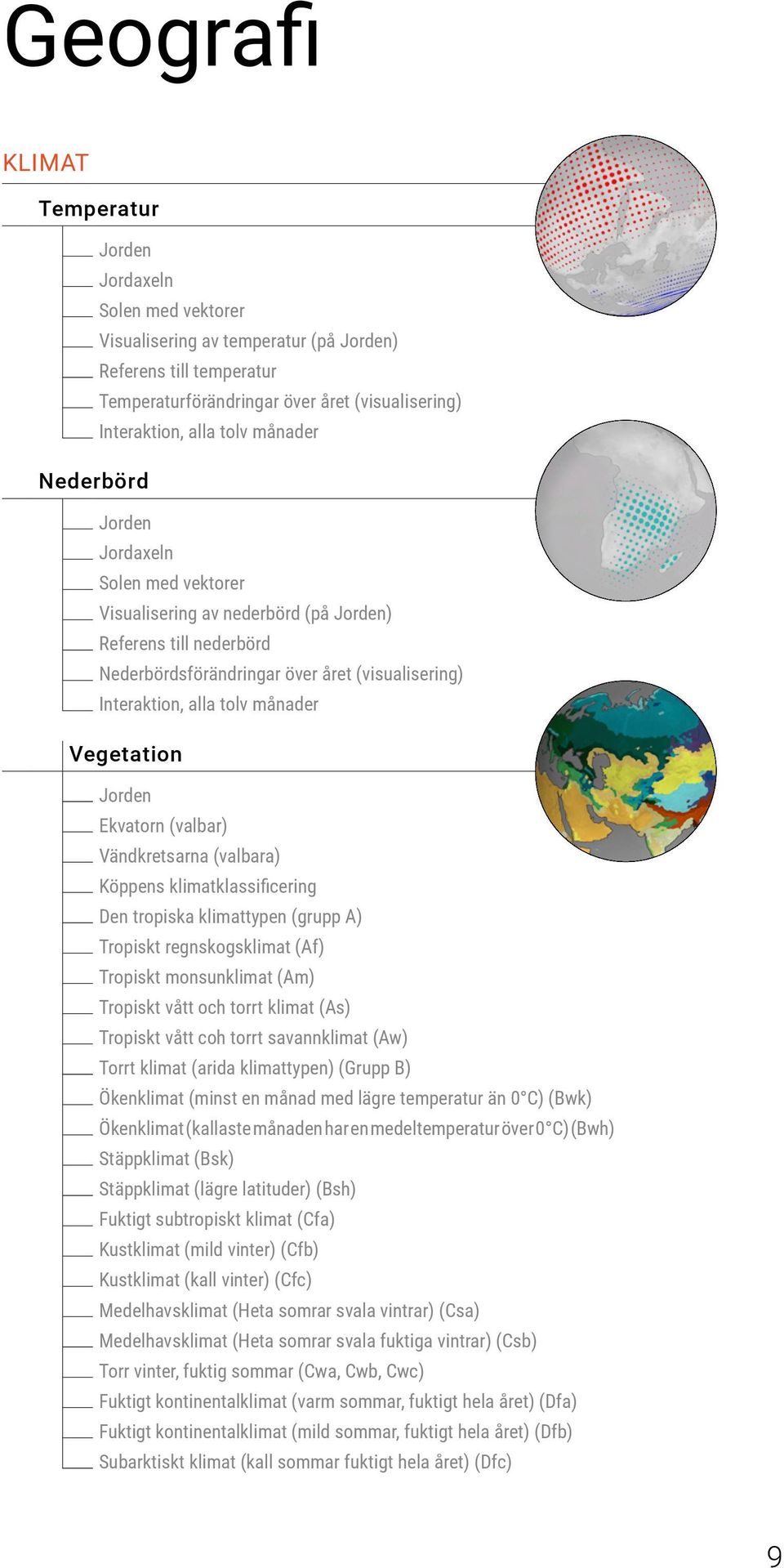 Vegetation Jorden Ekvatorn (valbar) Vändkretsarna (valbara) Köppens klimatklassificering Den tropiska klimattypen (grupp A) Tropiskt regnskogsklimat (Af) Tropiskt monsunklimat (Am) Tropiskt vått och