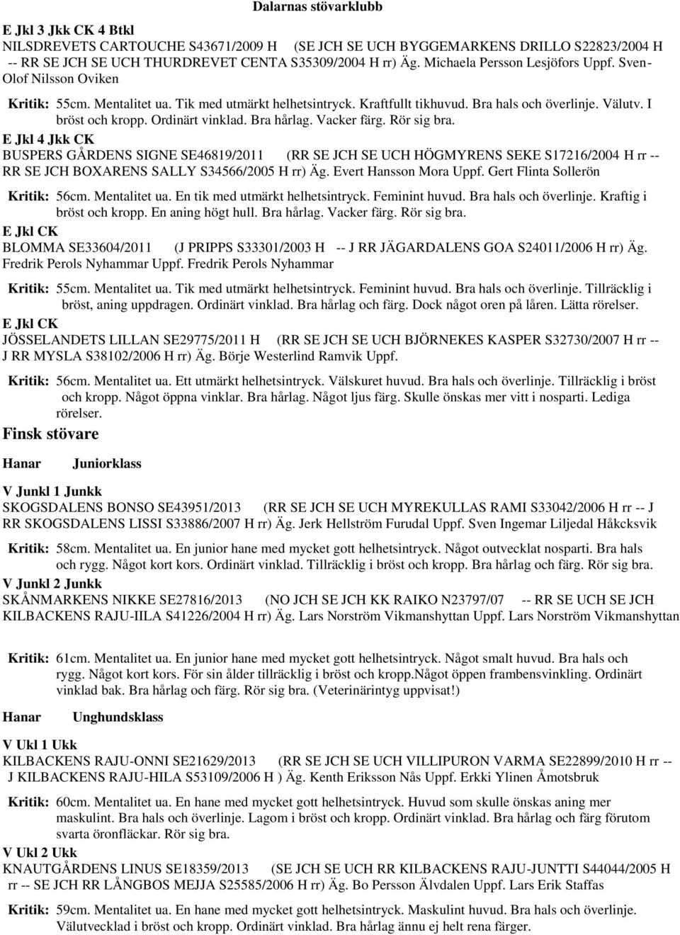 Vacker färg. Rör sig bra. E Jkl 4 Jkk CK BUSPERS GÅRDENS SIGNE SE46819/2011 (RR SE JCH SE UCH HÖGMYRENS SEKE S17216/2004 H rr -- RR SE JCH BOXARENS SALLY S34566/2005 H rr) Äg. Evert Hansson Mora Uppf.