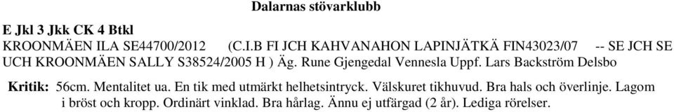 B FI JCH KAHVANAHON LAPINJÄTKÄ FIN43023/07 -- SE JCH SE UCH KROONMÄEN SALLY S38524/2005 H ) Äg.