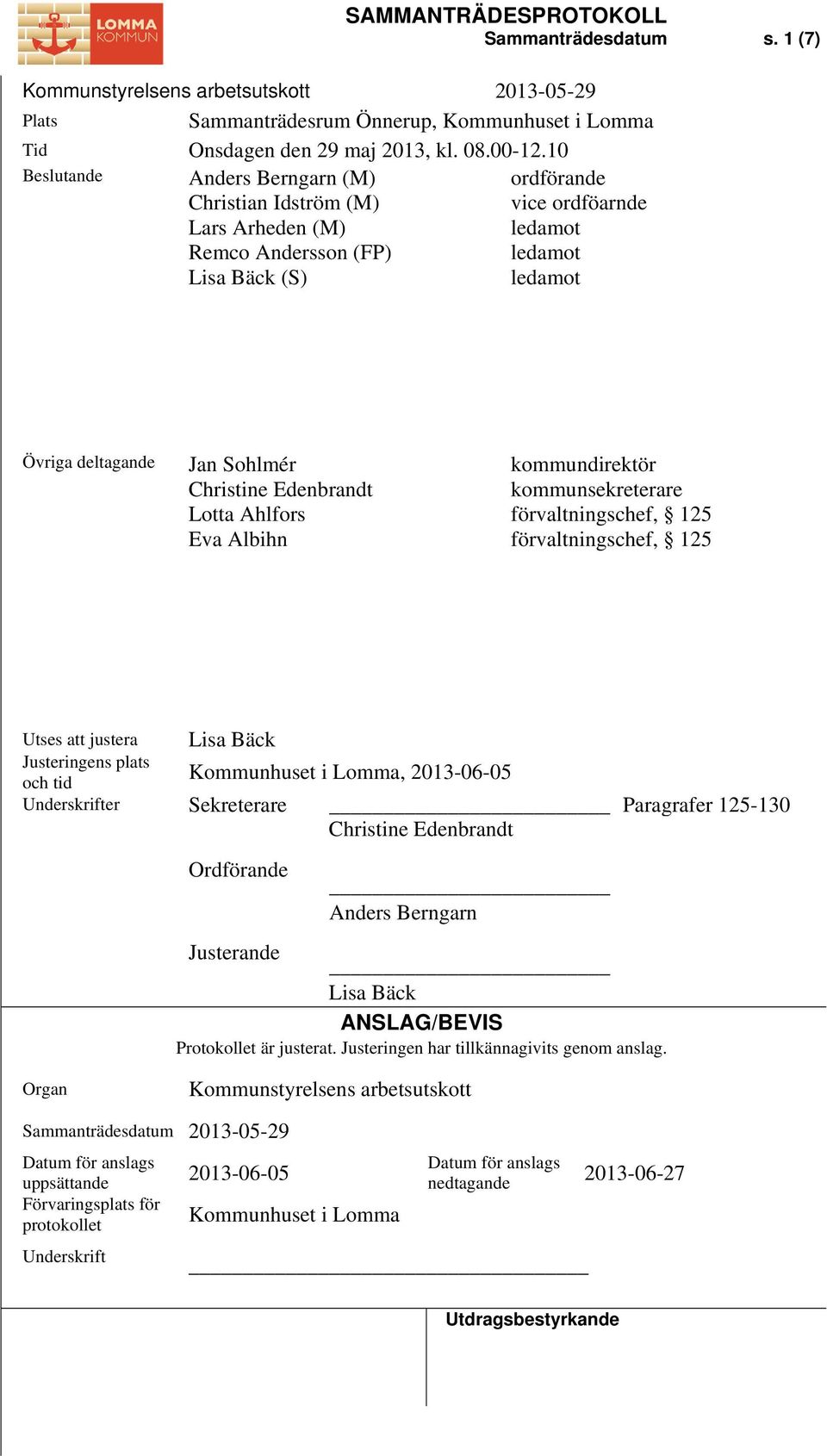 Edenbrandt Lotta Ahlfors Eva Albihn kommundirektör kommunsekreterare förvaltningschef, 125 förvaltningschef, 125 Utses att justera Lisa Bäck Justeringens plats Kommunhuset i Lomma, 2013-06-05 och tid