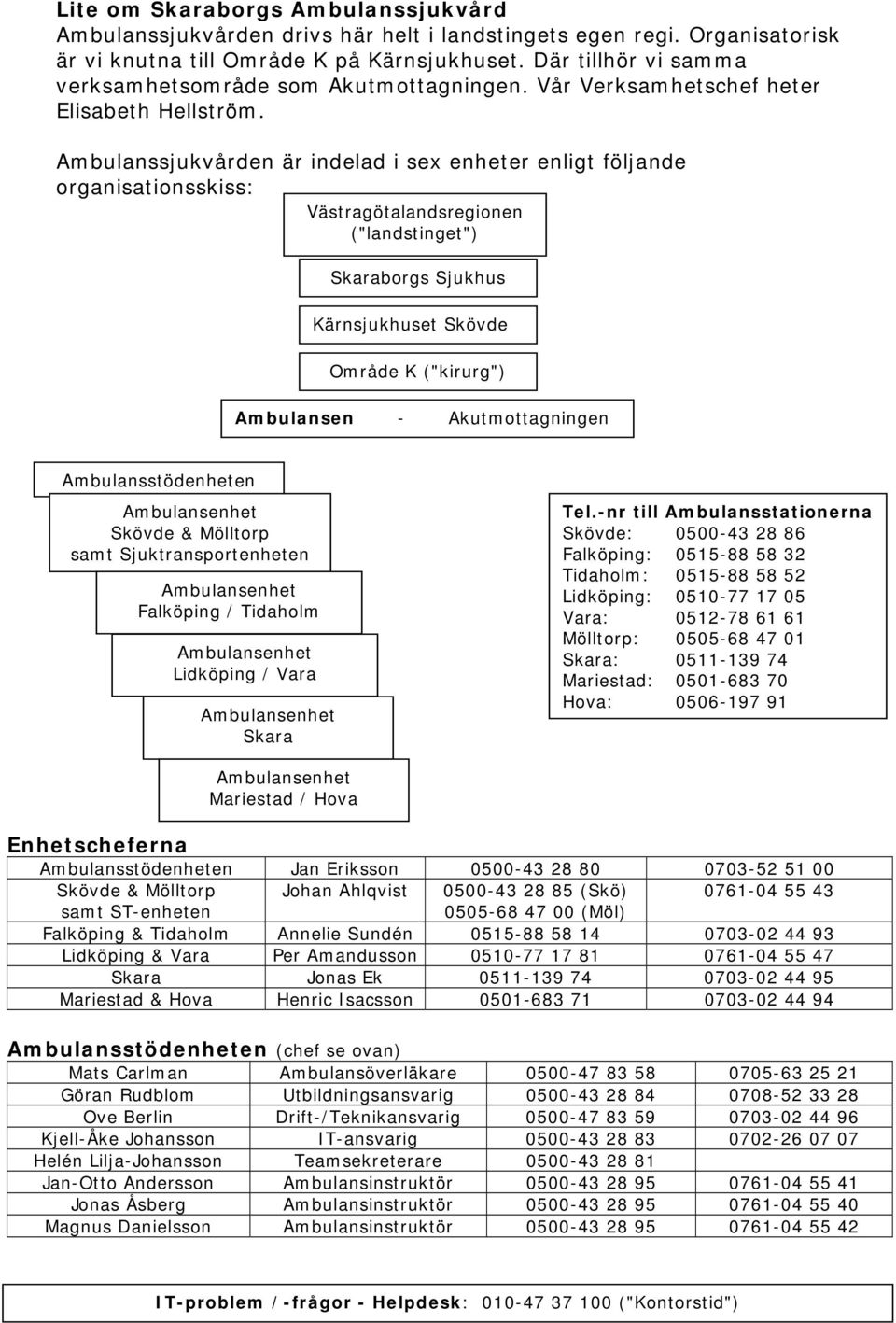 Ambulanssjukvården är indelad i sex enheter enligt följande organisationsskiss: Västragötalandsregionen ("landstinget") Skaraborgs Sjukhus Kärnsjukhuset Skövde Område K ("kirurg") Ambulansen -