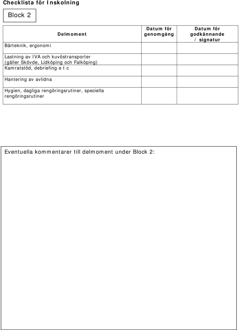 Lidköping och Falköping) Kamratstöd, debriefing e t c Hantering av avlidna Hygien,