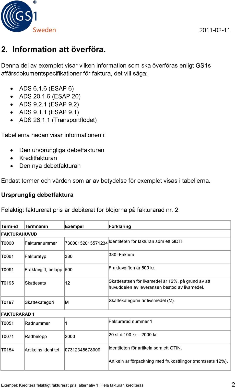 som är av betydelse för exemplet visas i tabellerna. Ursprunglig debetfaktura Felaktigt fakturerat pris är debiterat för blöjorna på fakturarad nr. 2.