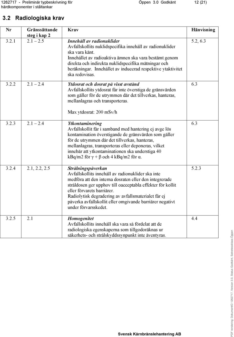 4 Ytdosrat och dosrat på visst avstånd Avfallskollits ytdosrat får inte överstiga de gränsvärden som gäller för de utrymmen där det tillverkas, hanteras, mellanlagras och transporteras. Hänvisning 5.