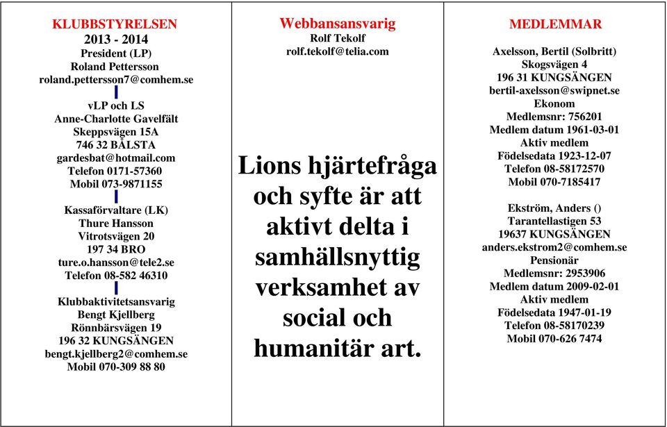 se Telefon 08-582 46310 Klubbaktivitetsansvarig Bengt Kjellberg Rönnbärsvägen 19 196 32 KUNGSÄNGEN bengt.kjellberg2@comhem.se Mobil 070-309 88 80 Webbansansvarig Rolf Tekolf rolf.tekolf@telia.