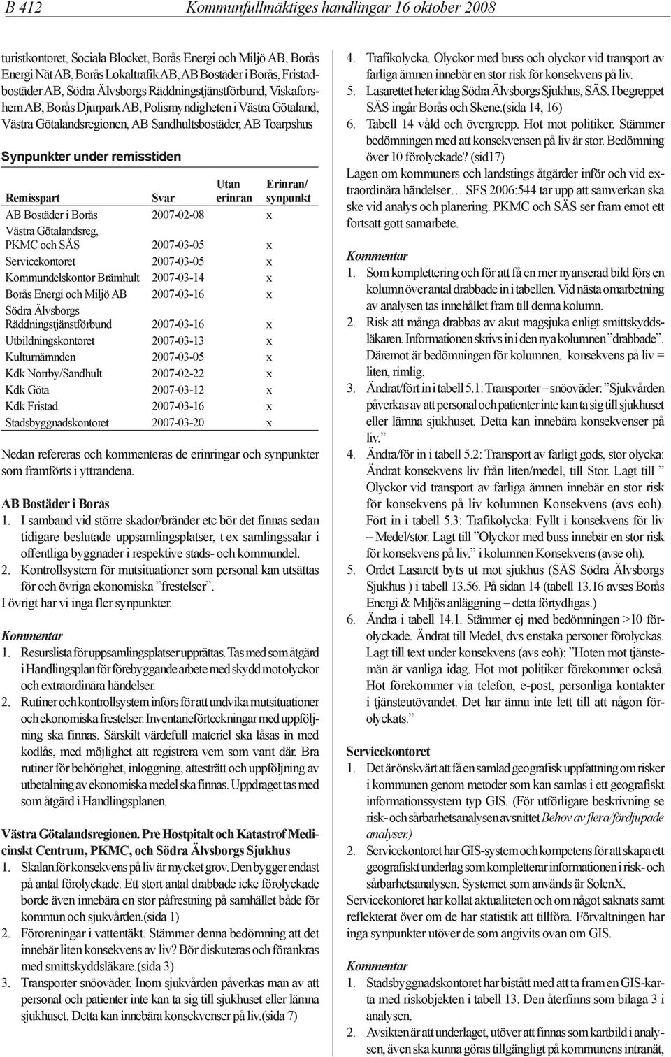 remisstiden Remisspart Svar Utan erinran Erinran/ synpunkt AB Bostäder i Borås 2007-02-08 x Västra Götalandsreg, PKMC och SÄS 2007-03-05 x Servicekontoret 2007-03-05 x Kommundelskontor Brämhult