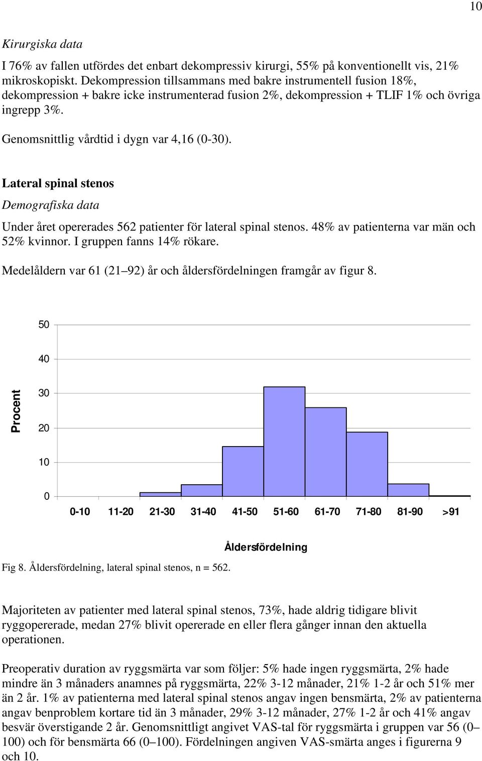 Genomsnittlig vårdtid i dygn var 4,16 (-3). Lateral spinal stenos Demografiska data Under året opererades 562 patienter för lateral spinal stenos. 48% av patienterna var män och 52% kvinnor.