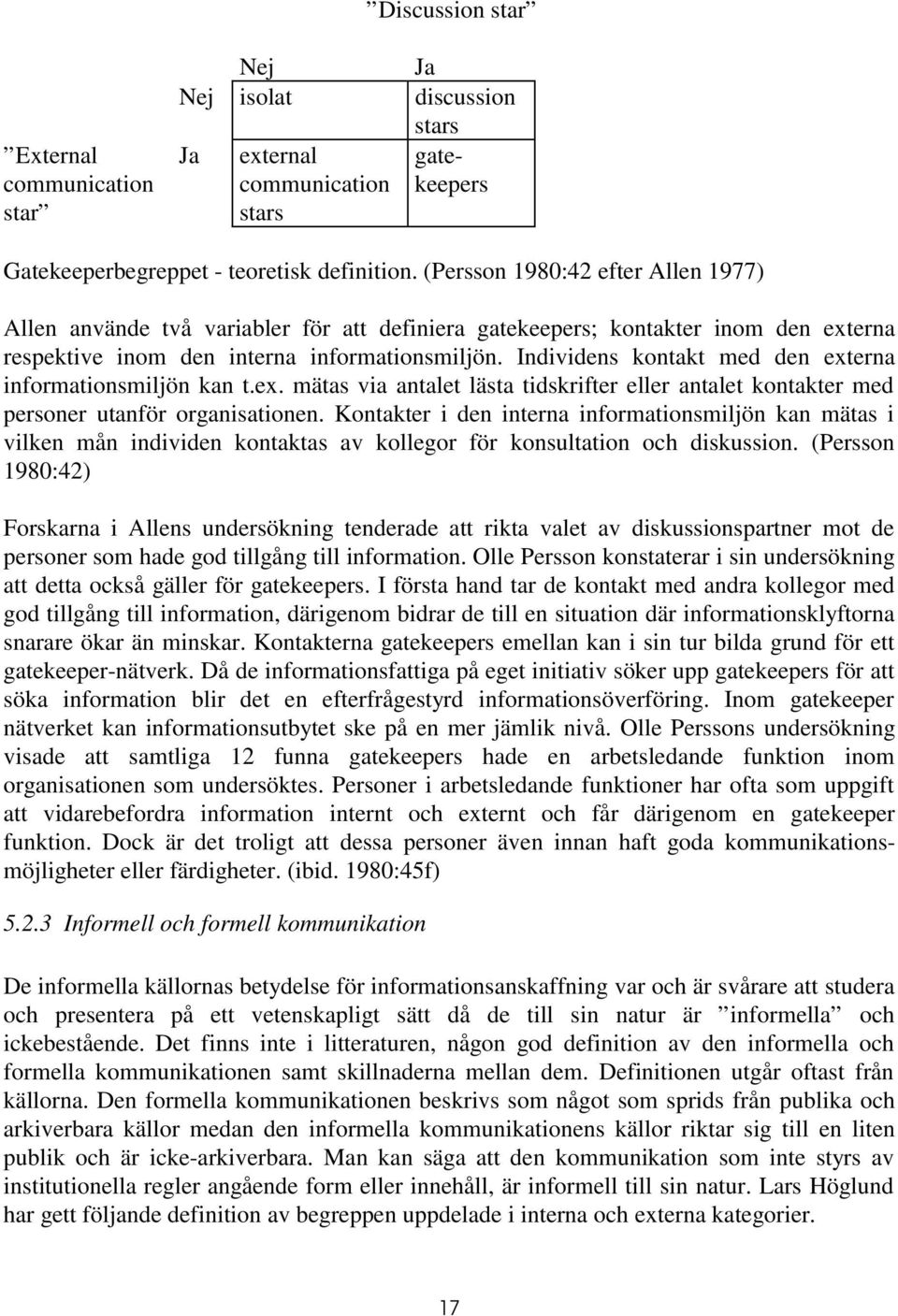 Individens kontakt med den externa informationsmiljön kan t.ex. mätas via antalet lästa tidskrifter eller antalet kontakter med personer utanför organisationen.