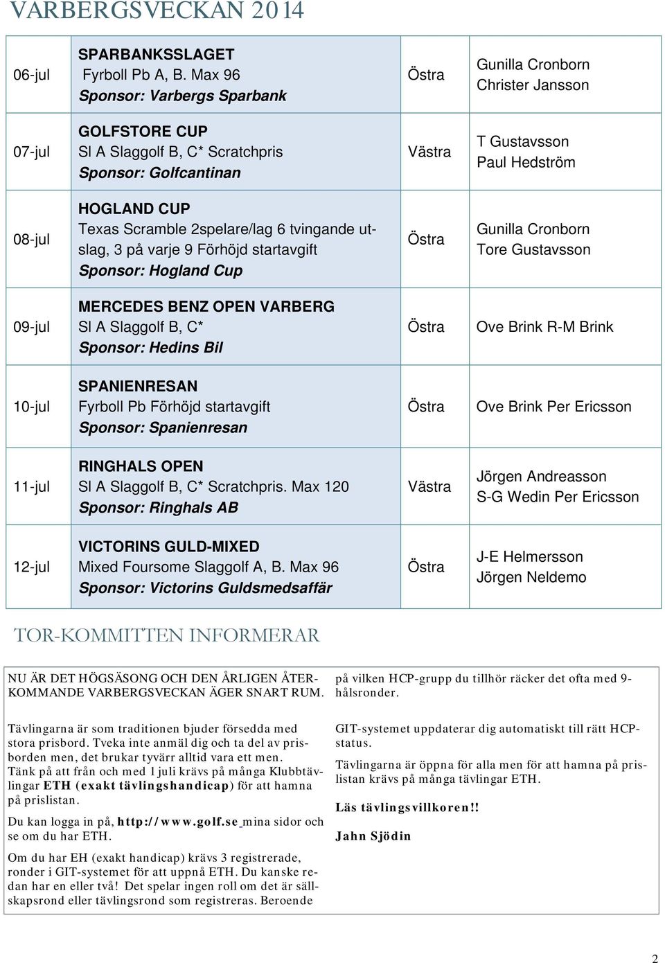 Texas Scramble 2spelare/lag 6 tvingande utslag, 3 på varje 9 Förhöjd startavgift Sponsor: Hogland Cup Gunilla Cronborn Tore Gustavsson 09-jul MERCEDES BENZ OPEN VARBERG Sl A Slaggolf B, C* Sponsor: