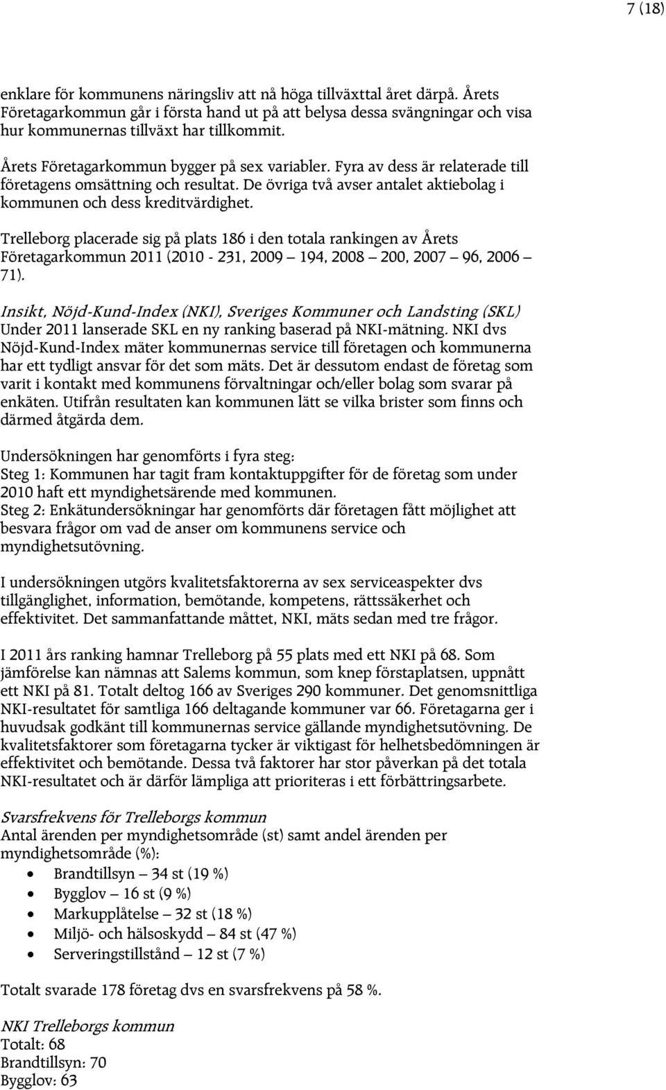 Trelleborg placerade sig på plats 186 i den totala rankingen av Årets Företagarkommun 2011 (2010-231, 2009 194, 2008 200, 2007 96, 2006 71).