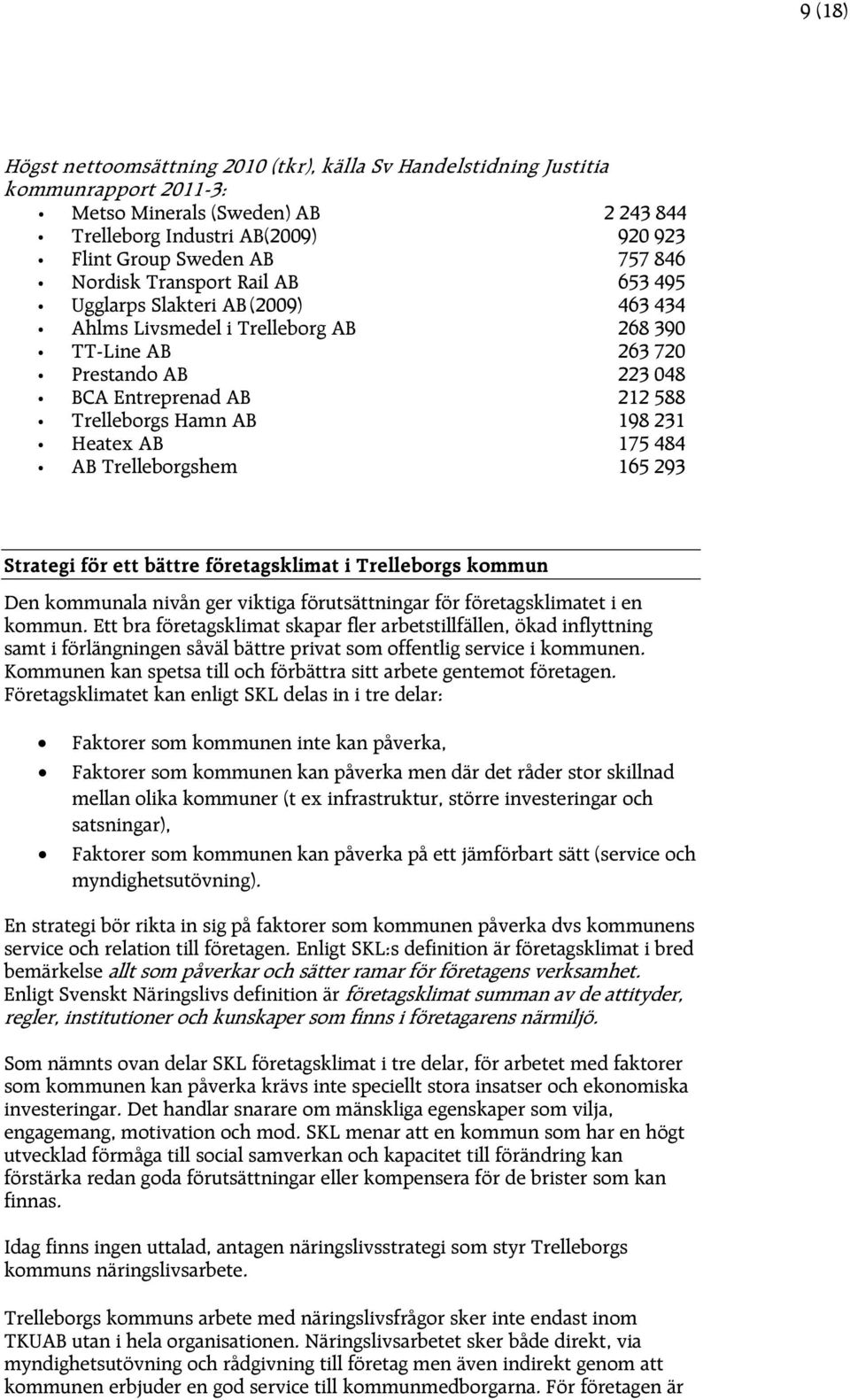 198 231 Heatex AB 175 484 AB Trelleborgshem 165 293 Strategi för ett bättre företagsklimat i Trelleborgs kommun Den kommunala nivån ger viktiga förutsättningar för företagsklimatet i en kommun.