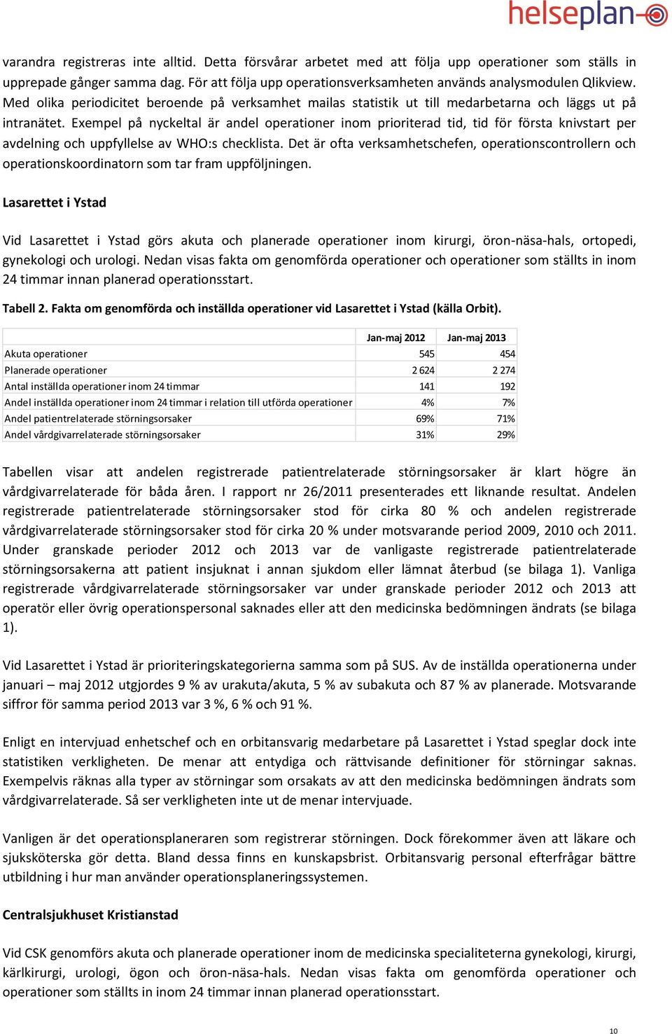 Exempel på nyckeltal är andel operationer inom prioriterad tid, tid för första knivstart per avdelning och uppfyllelse av WHO:s checklista.