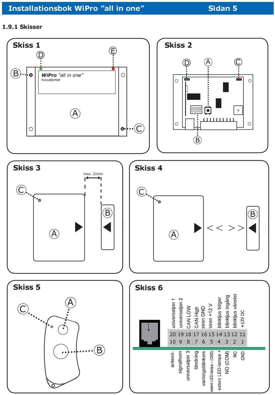 22mm C C A B A < < > > B Skiss 5 Skiss 6 C A anslutning GSM-modul universalpin 1 universalpin 2 CAN LOW CAN High siren GND