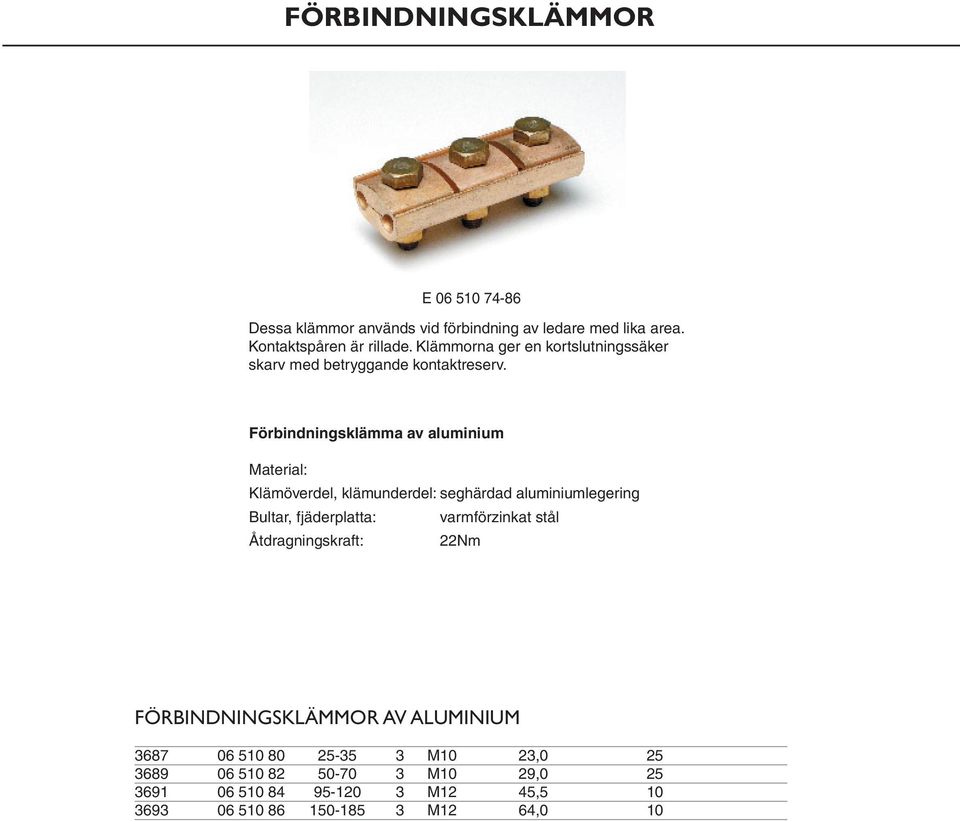 Förbindningsklämma av aluminium Klämöverdel, klämunderdel: seghärdad aluminiumlegering Bultar, fjäderplatta: 22Nm