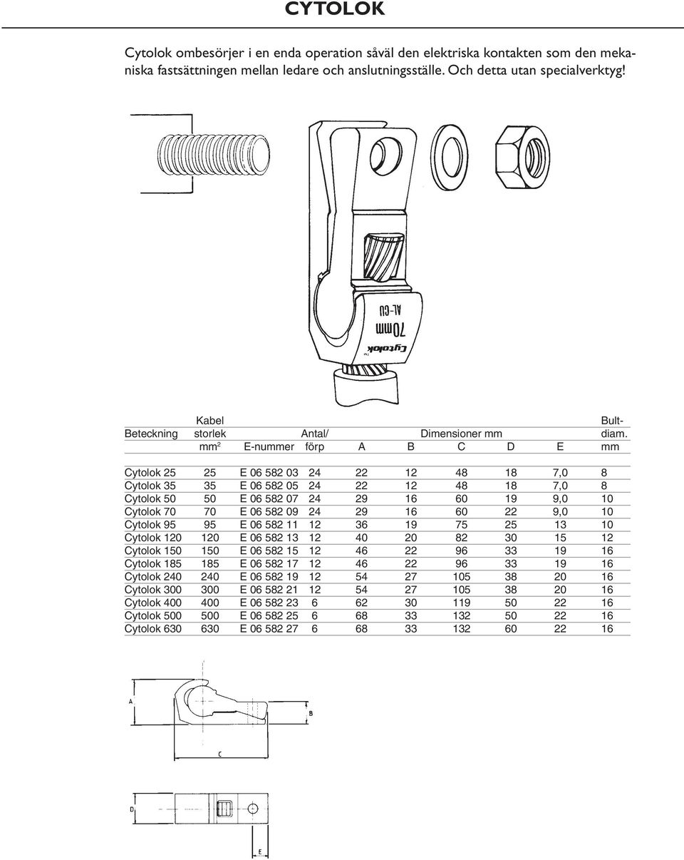 mm 2 E-nummer förp A B C D E mm Cytolok 25 25 E 06 582 03 24 22 12 48 18 7,0 8 Cytolok 35 35 E 06 582 05 24 22 12 48 18 7,0 8 Cytolok 50 50 E 06 582 07 24 29 16 60 19 9,0 10 Cytolok 70 70 E 06 582 09