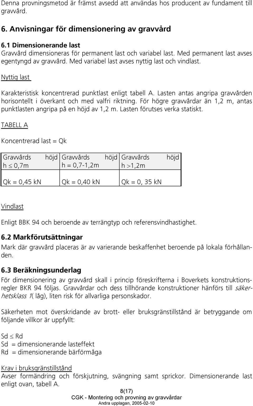 Nyttig last Karakteristisk koncentrerad punktlast enligt tabell A. Lasten antas angripa gravvården horisontellt i överkant och med valfri riktning.