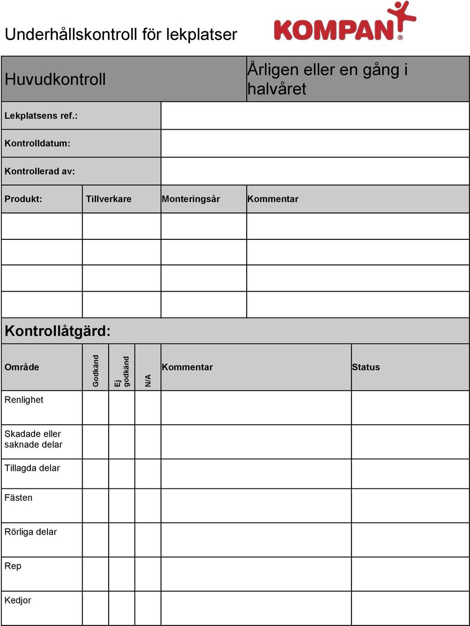 : Kontrolldatum: Kontrollerad av: Produkt: Tillverkare Monteringsår Kommentar