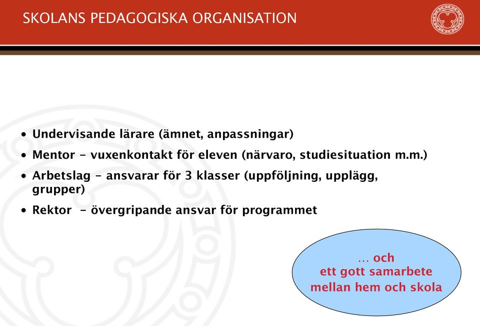 m.m.) Arbetslag - ansvarar för 3 klasser (uppföljning, upplägg, grupper)